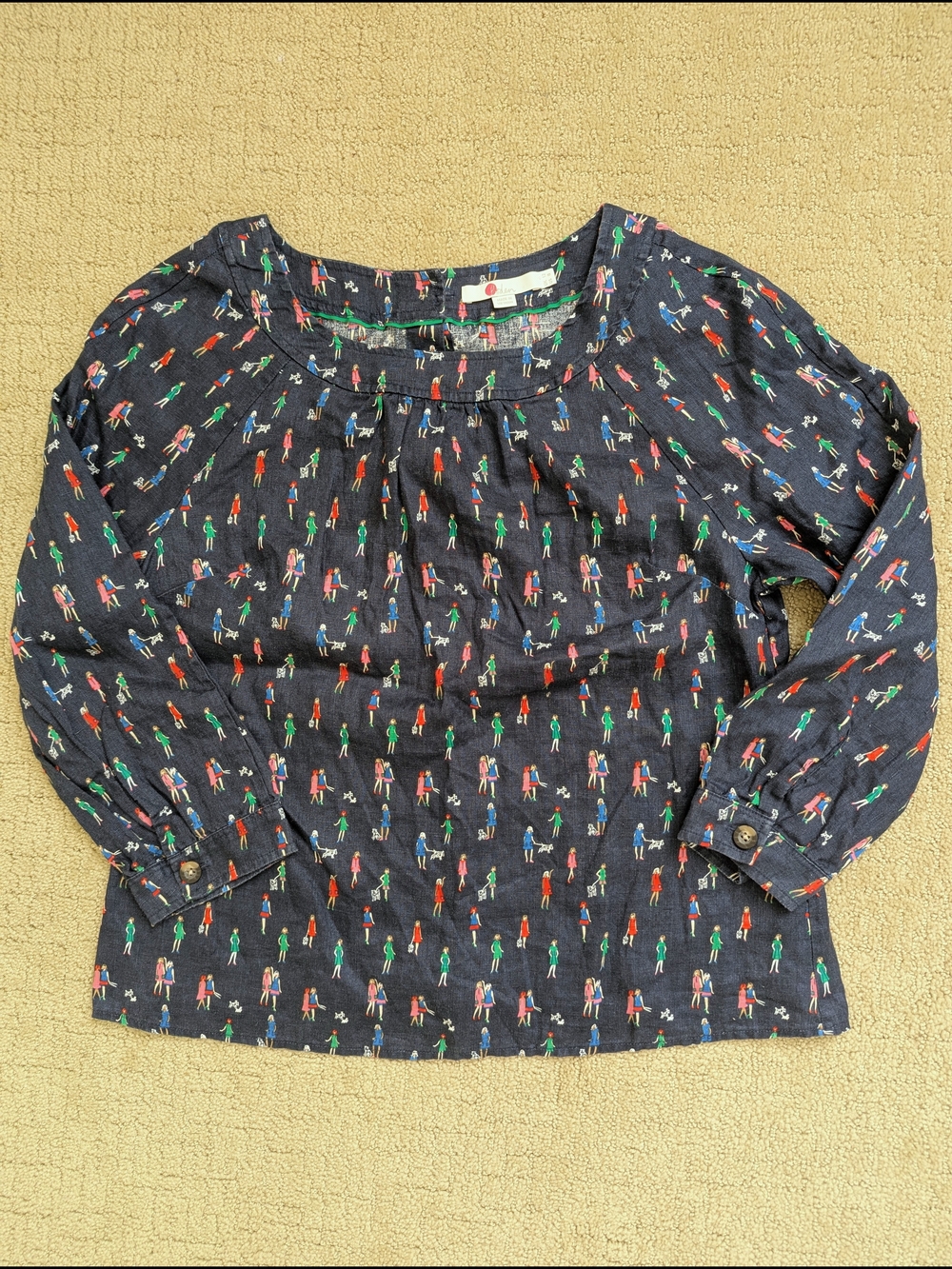 Boden Womens 100% Linen Top Blouse 8 Navy Button Back Dog Walker Parisian Summer